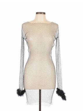 Black Mesh rhinestone fishnet Long-Sleeve Dress -Feather Cuffs 12th tribe sz l